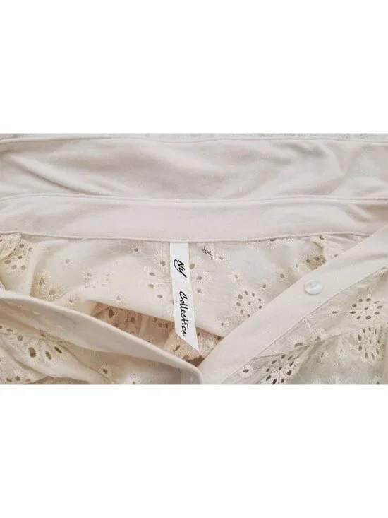 NY COLLECTION IVORY EYELET BUTTON FRONT BLOUSE SHIRT LARGE - Picture 7 of 9